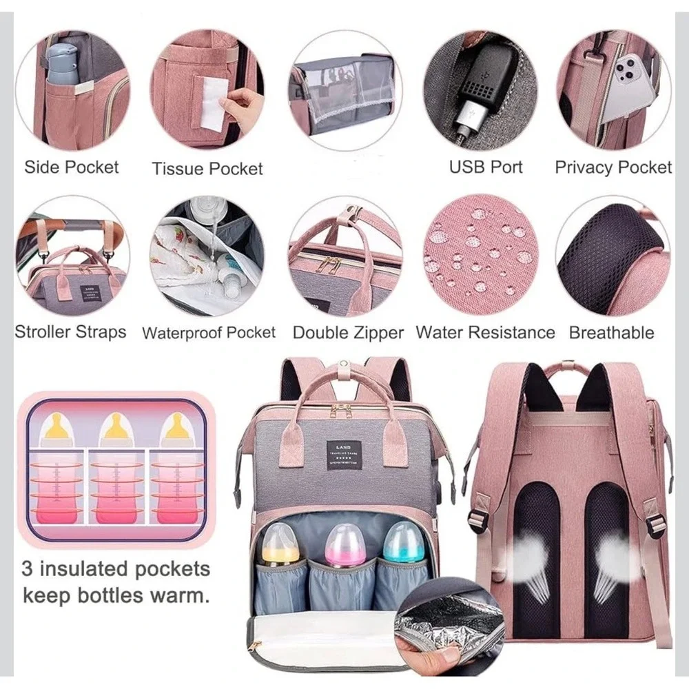 LAND 3-in-1 Diaper Bag Backpack Portable Bassinet Changing Station Pink Grey